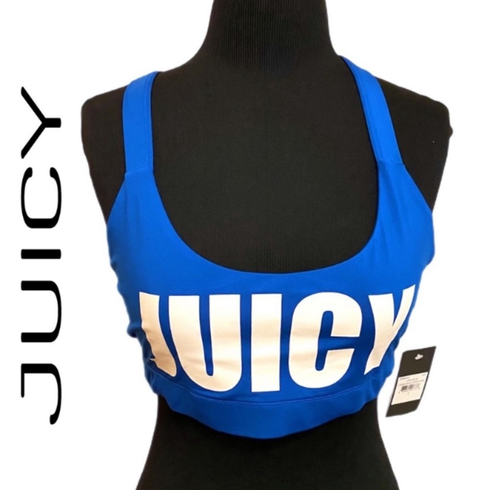 NWT Juicy Couture Sport Lapis Blue Cross Back Sports Bra Blue White Size Large